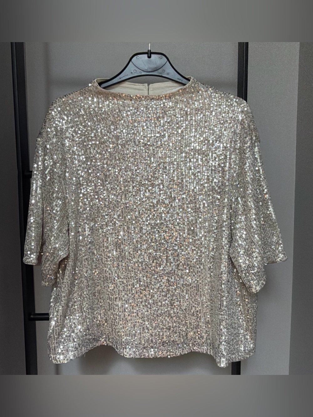 Sequined high neck 3/4 sleeve top champagne with silver
